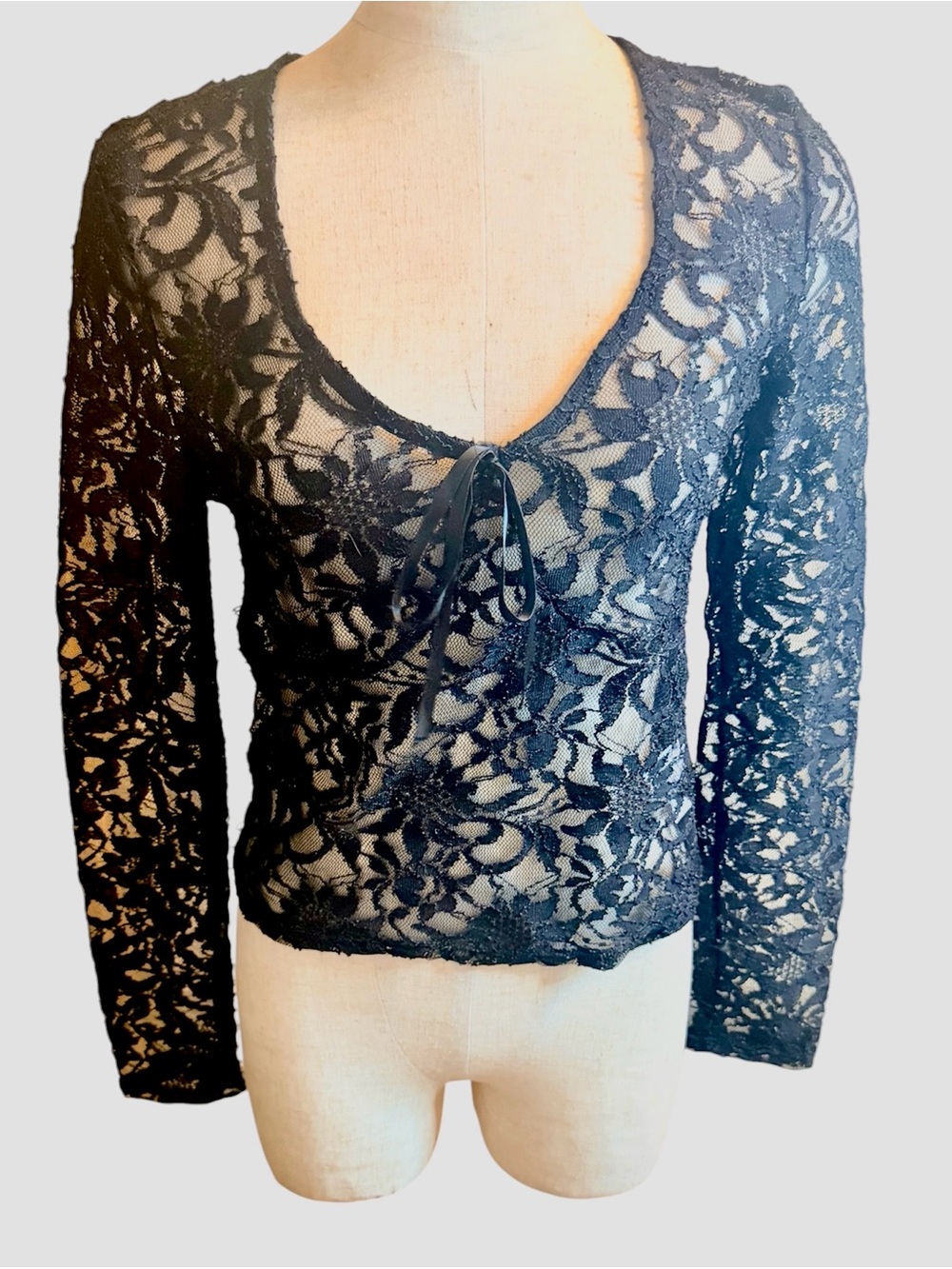 Express Black Lace Long Sleeve Tie-Front Top